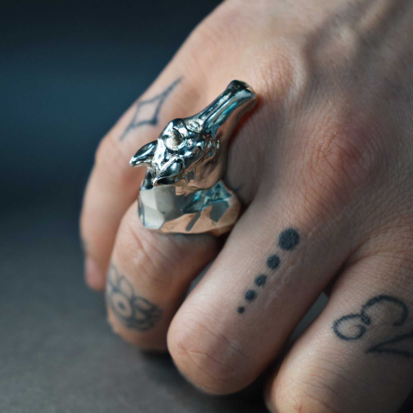 Hand wearing a silver ring with a unique design on a dark background
